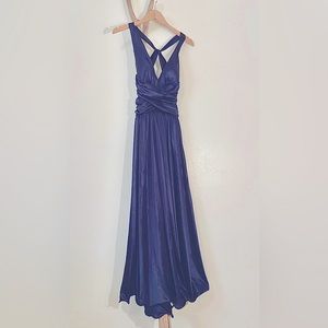 Xscape long satin navy blue prom dress gown cross open back formal.
